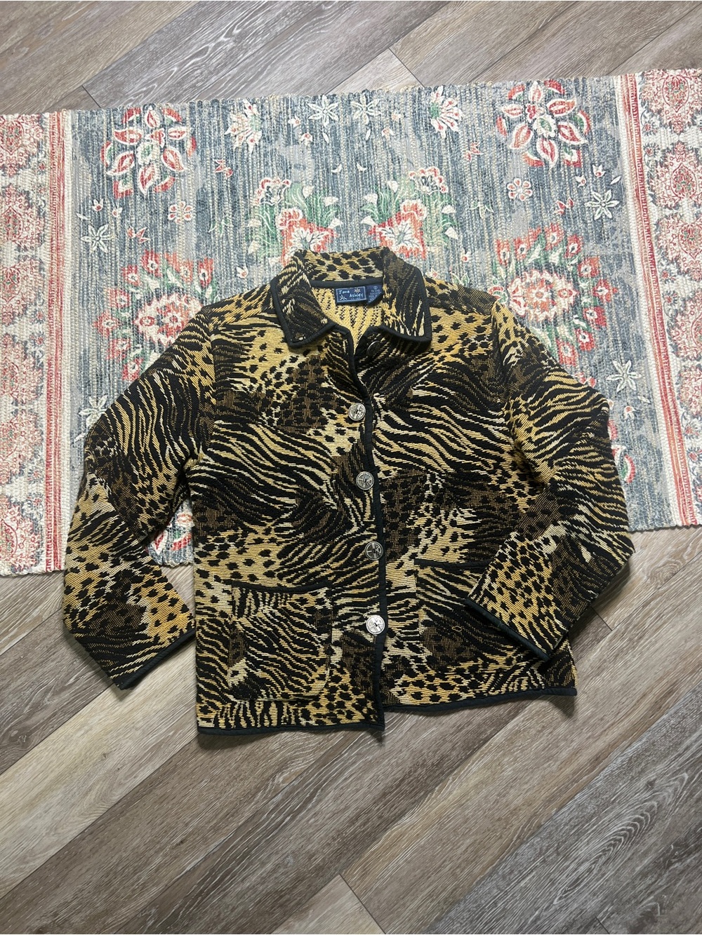 Vintage Jane Ashley tapestry blazer jacket featuring a multicolor animal print